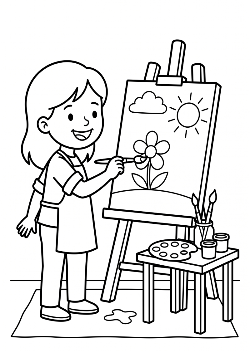 Meisje Maakt Schilderij Kleurplaat — gratis kleurplaat printen