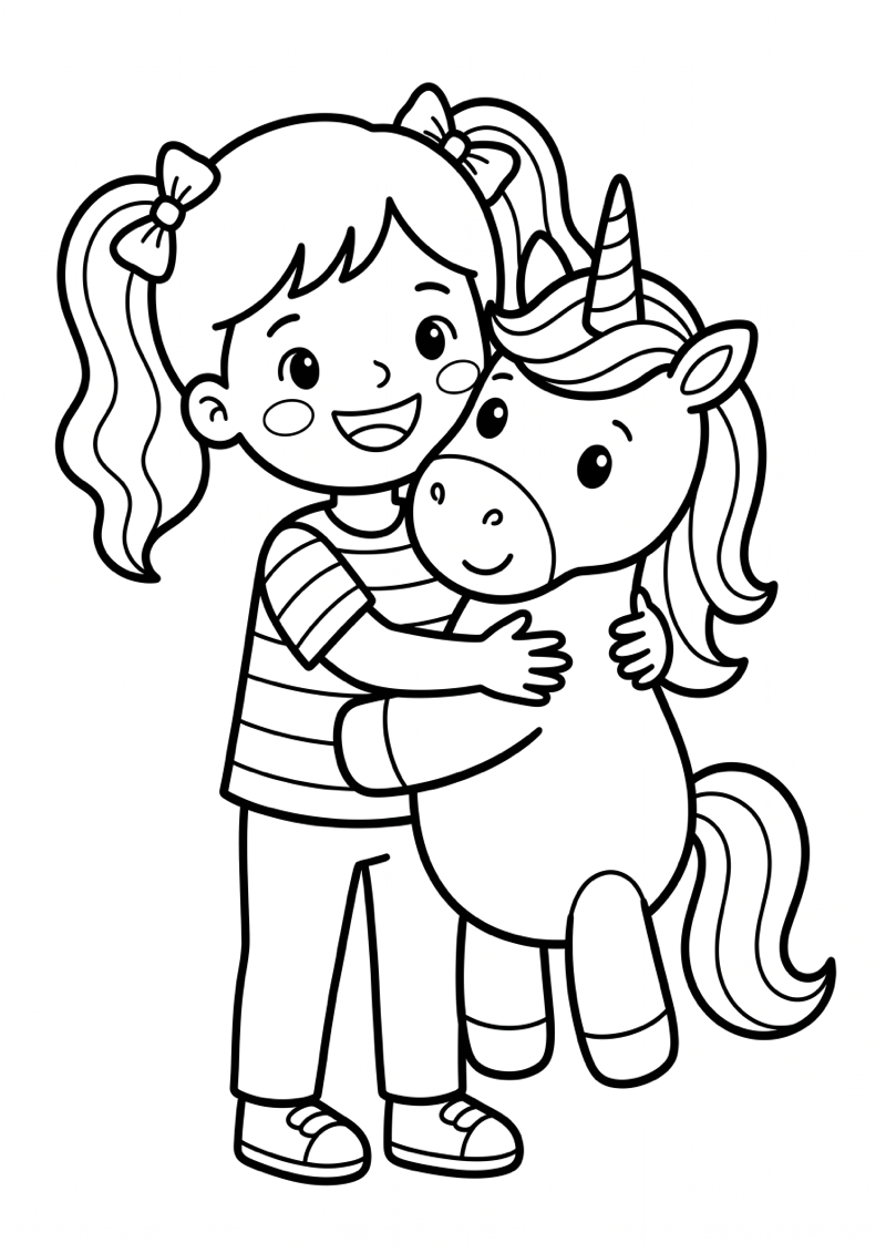 Meisje met Eenhoorn Knuffel Kleurplaat — gratis kleurplaat printen