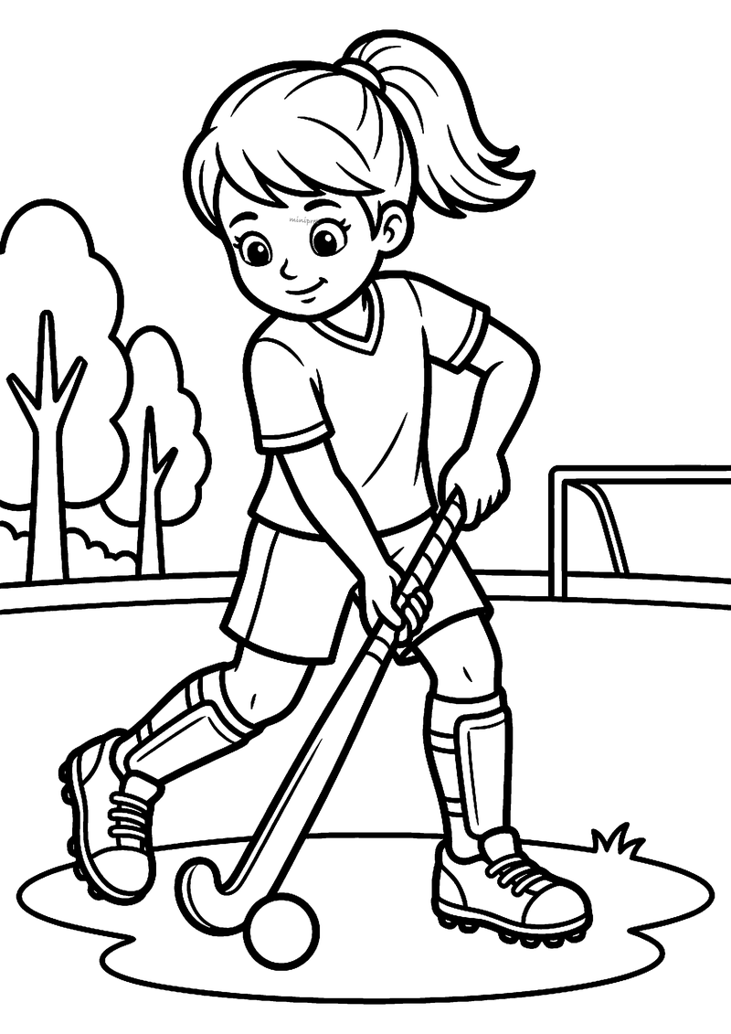 Kleurplaat van een meisje met paardenstaart dat met haar hockeystick de bal drijft, met bomen en een doel erachter