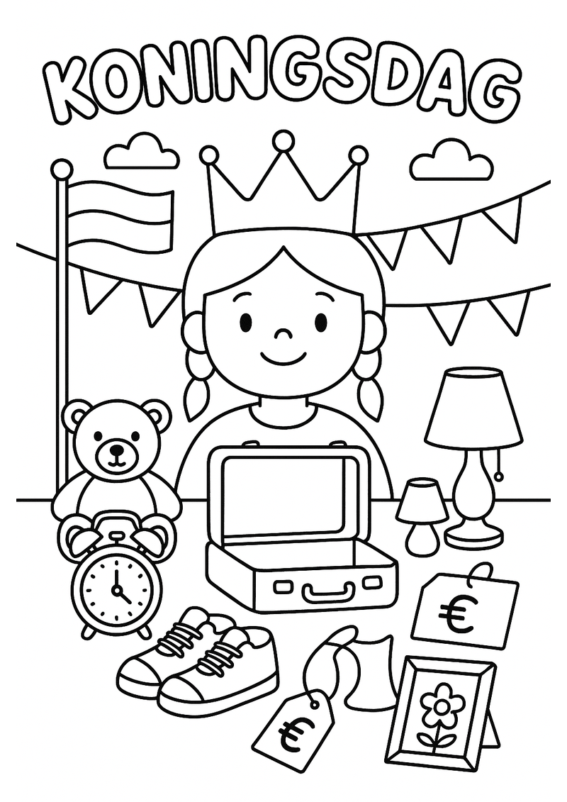 Meisje met Kroon op Vrijmarkt Koningsdag Kleurplaat — gratis kleurplaat printen