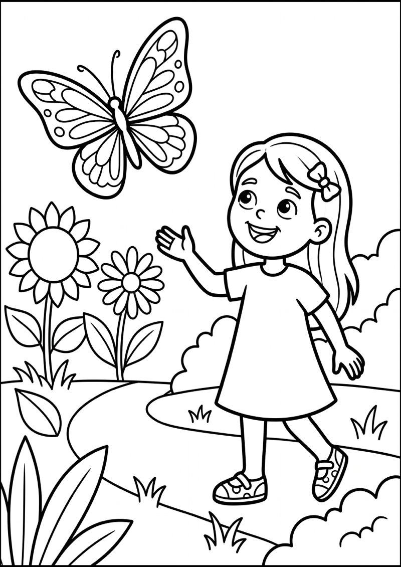 Meisje met Vlinder Kleurplaat — gratis kleurplaat printen