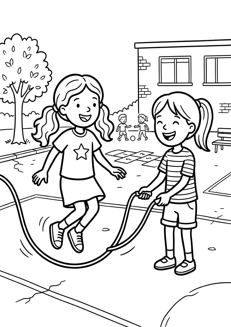 Meisje met Vriendin op Schoolplein Kleurplaat — gratis kleurplaat printen