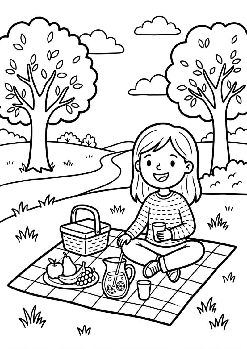Meisje op Picknick Kleurplaat — gratis kleurplaat printen
