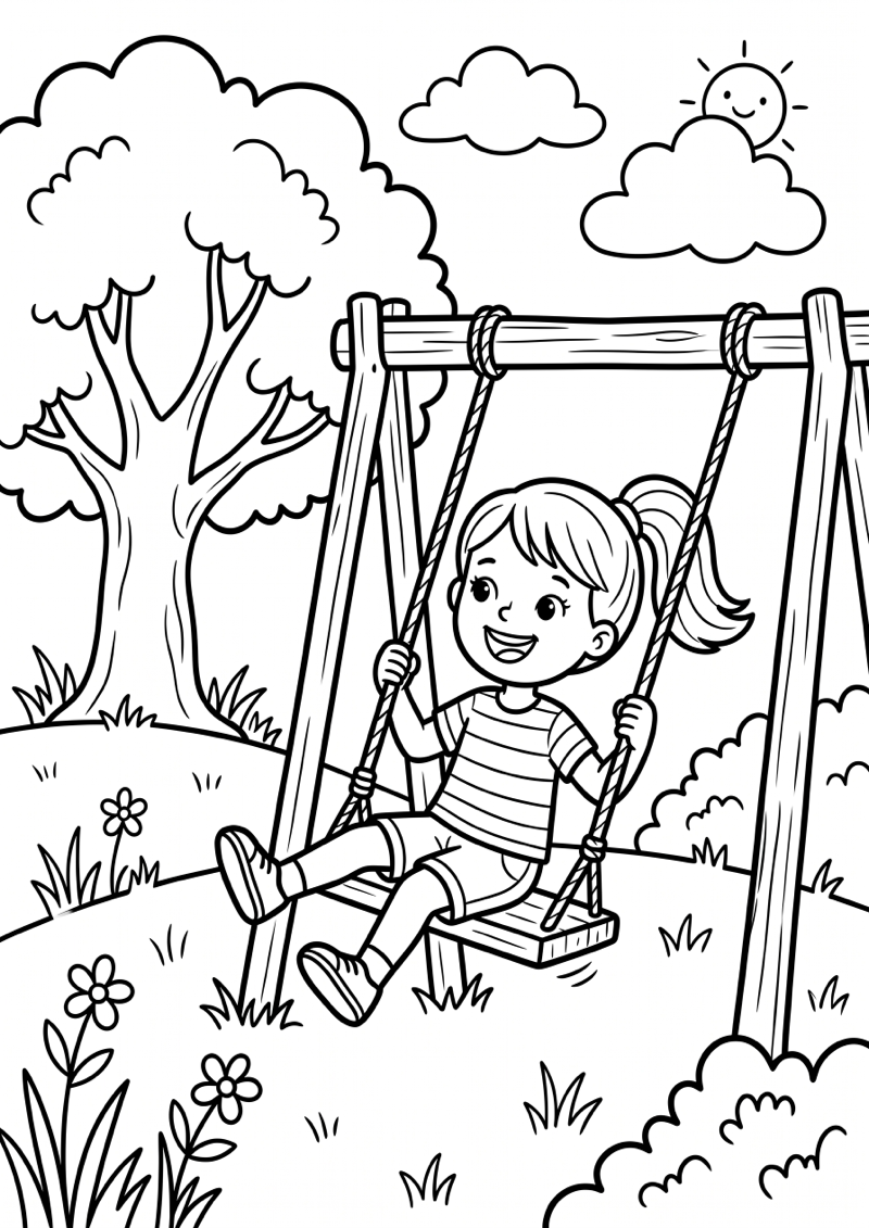Meisje op Schommel Kleurplaat — gratis kleurplaat printen