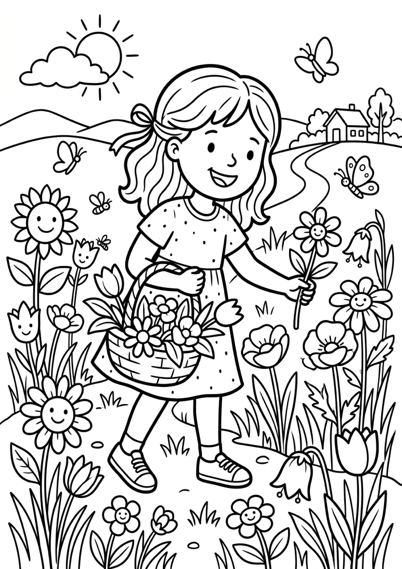 Meisje Plukt Bloemen Kleurplaat — gratis kleurplaat printen