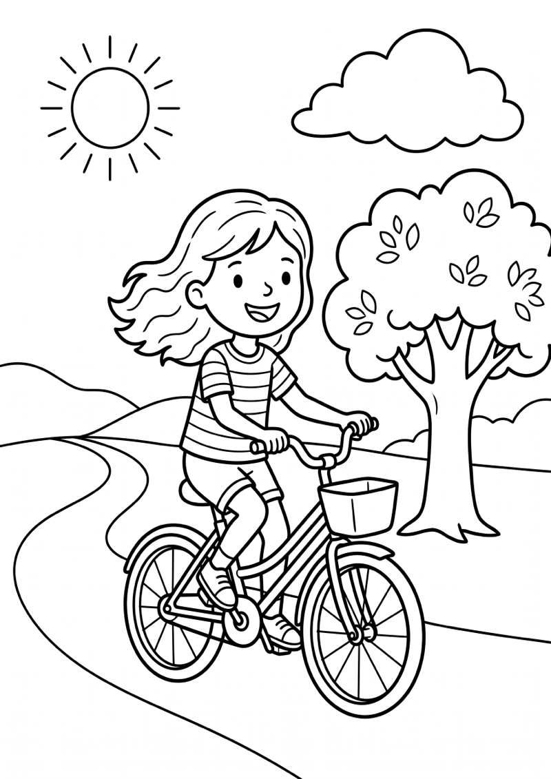 Meisje Rijdt op Fiets Kleurplaat — gratis kleurplaat printen