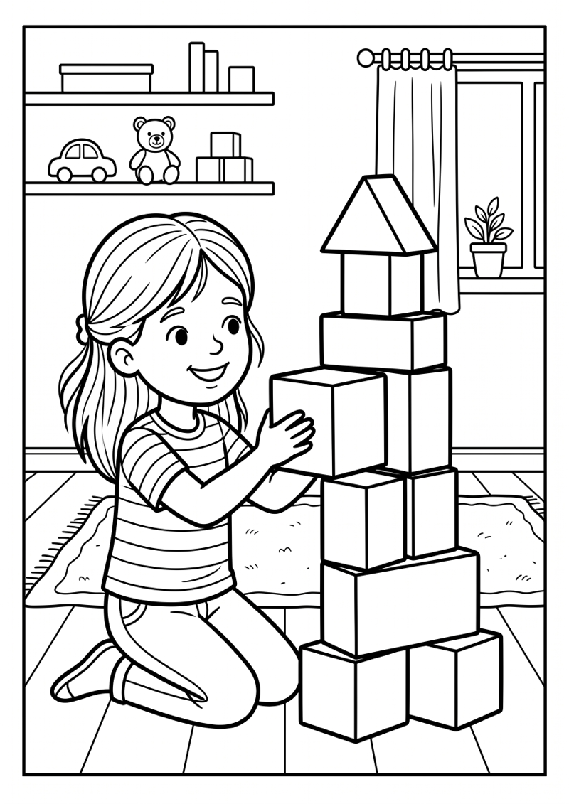 Meisje Speelt met Blokken Kleurplaat — gratis kleurplaat printen