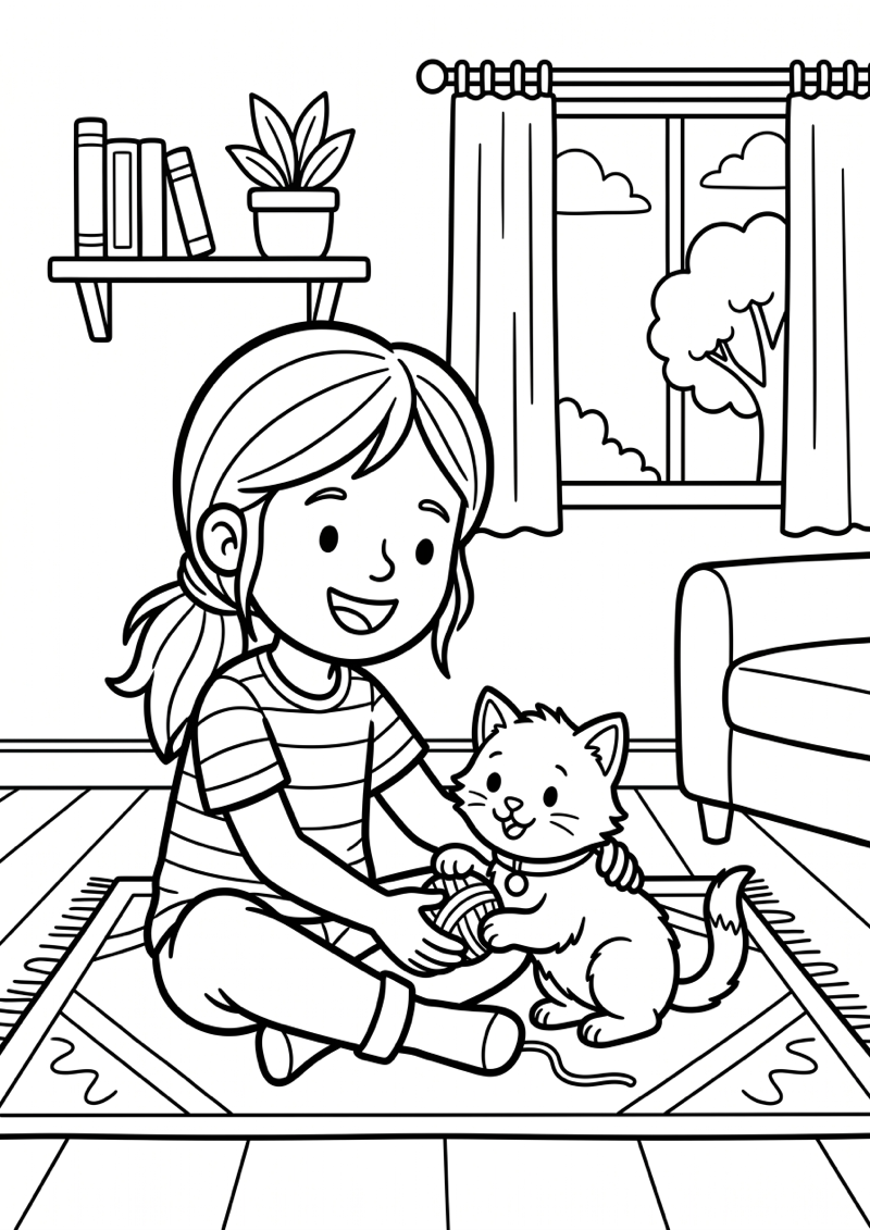 Meisje Speelt met Katje Kleurplaat — gratis kleurplaat printen