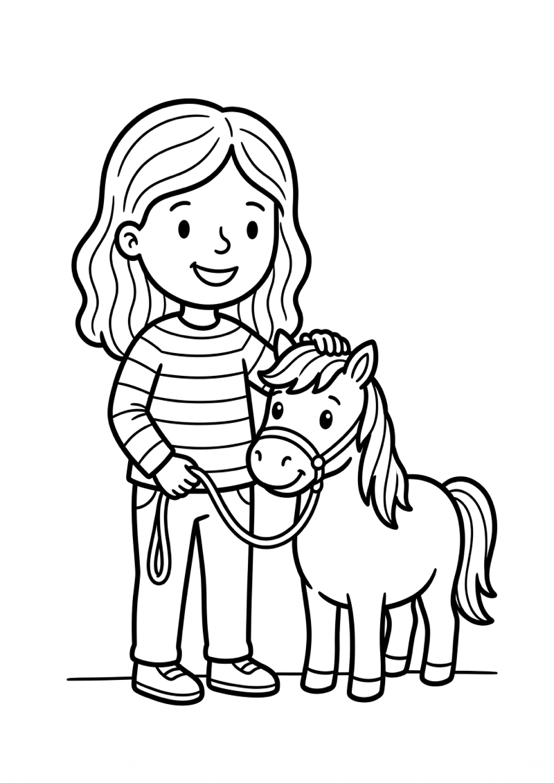 Meisje Speelt met Paardje Kleurplaat — gratis kleurplaat printen