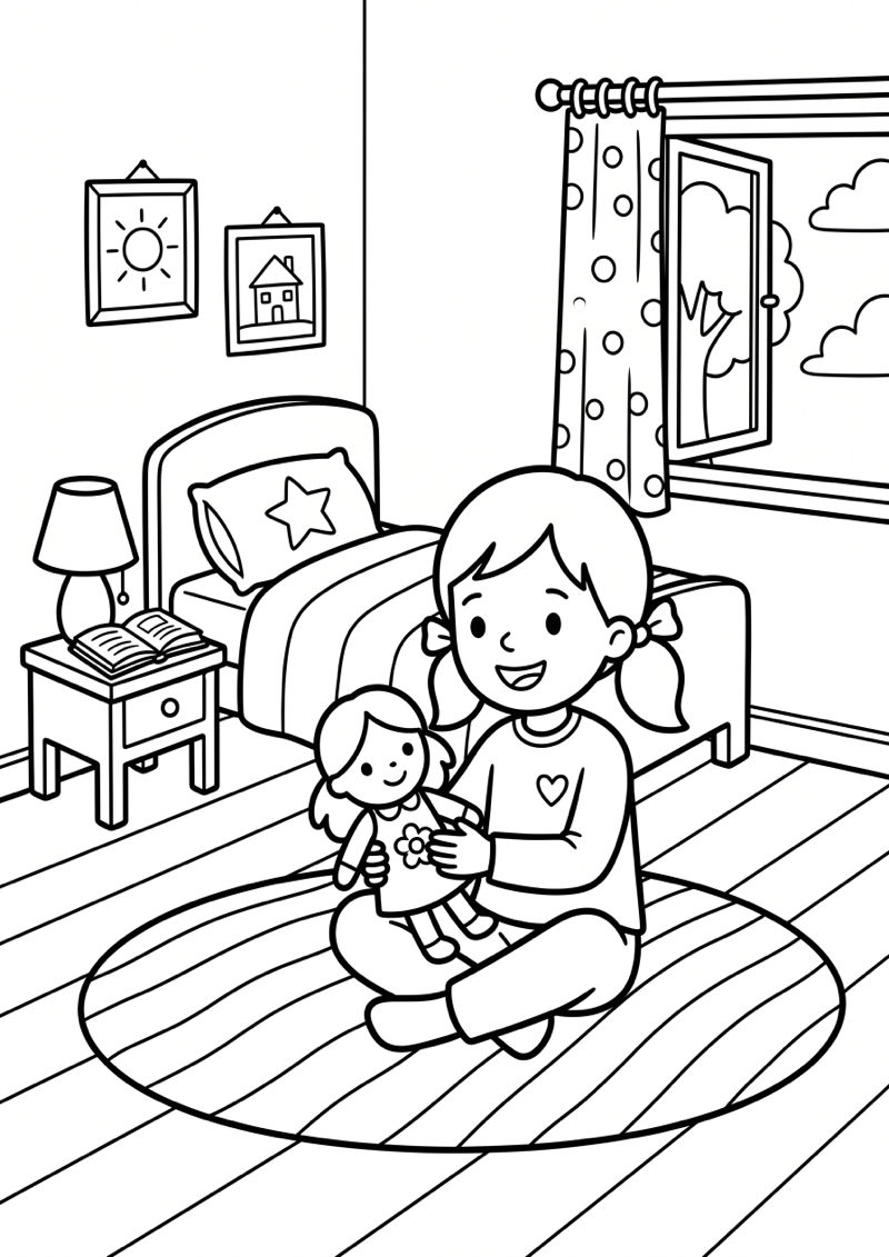 Meisje Speelt met Pop Kleurplaat — gratis kleurplaat printen