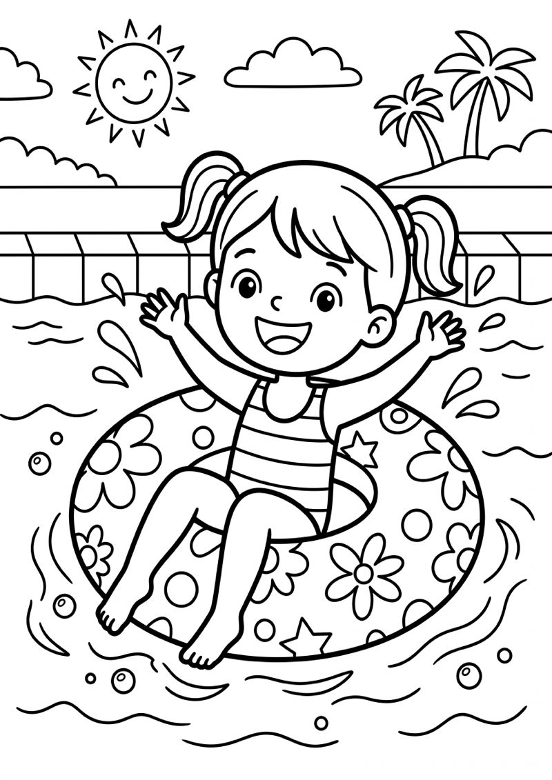 Meisje Zwemt met Zwemband Kleurplaat — gratis kleurplaat printen