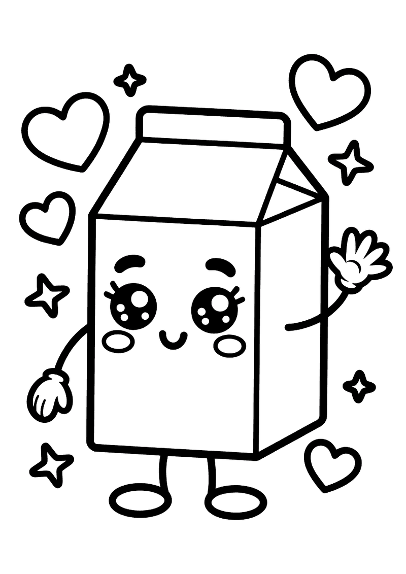 Kleurplaat van een kawaii melkpak met grote ogen dat met beide handjes zwaait tussen hartjes.