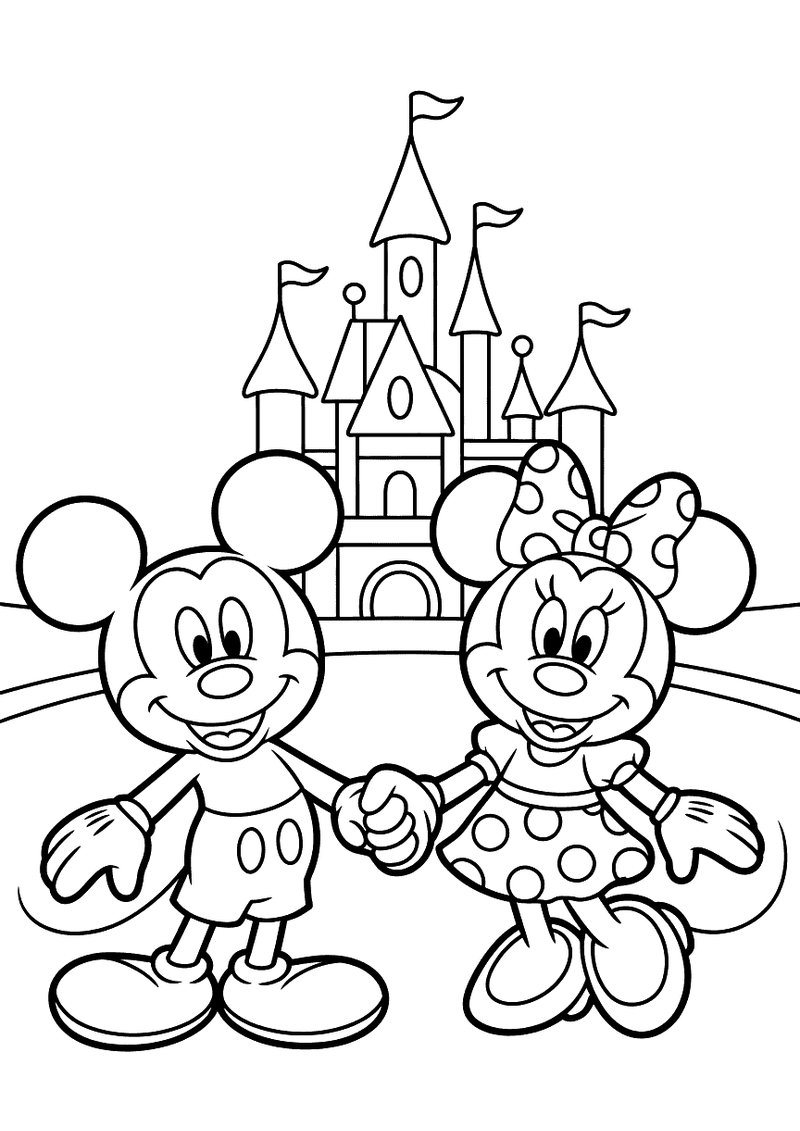 Mickey en Minnie Hand in Hand bij Kasteel Kleurplaat — gratis kleurplaat printen