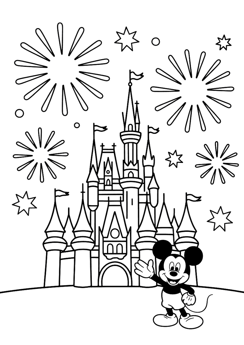 Mickey Mouse bij Kasteel Vuurwerk Kleurplaat — gratis kleurplaat printen