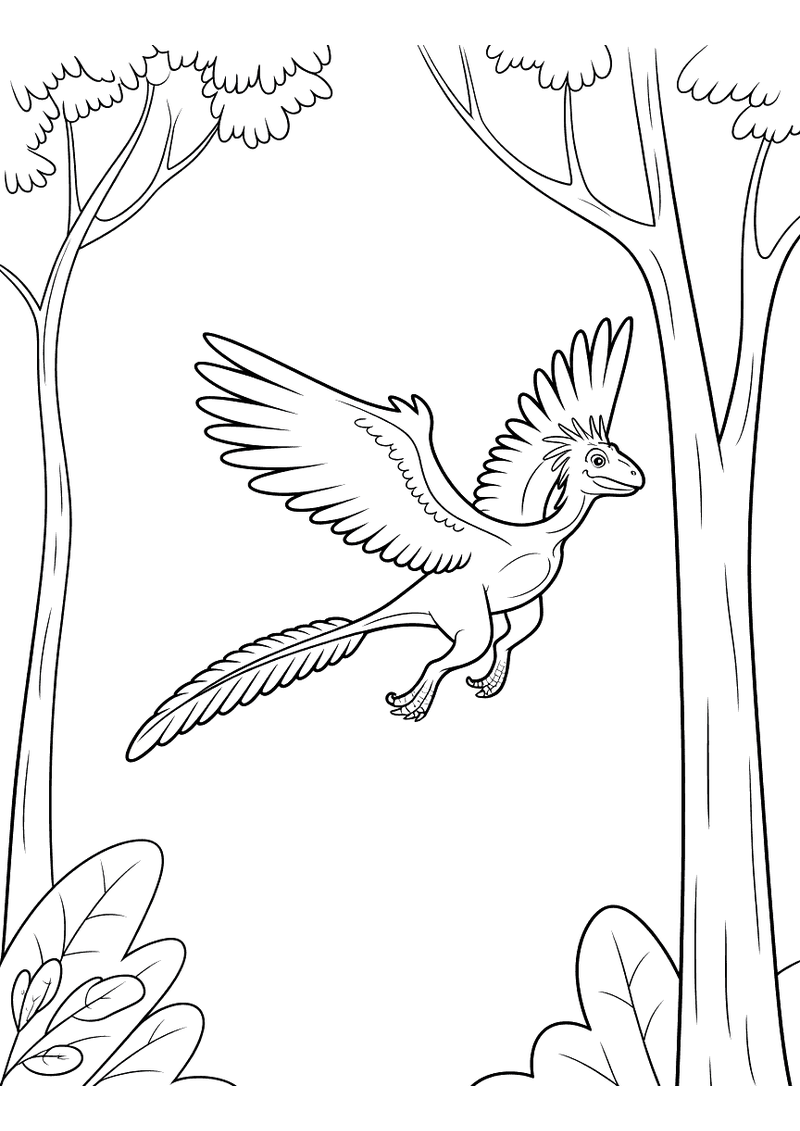 Kleurplaat van een Microraptor met uitgespreide vleugels en veerenpluim die glijdend door een open bos tussen twee hoge