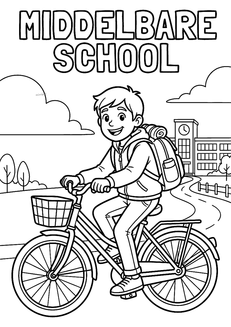 Kleurplaat van een lachende brugklasser met rugzak die op een fiets met mandje naar het schoolgebouw met klok rijdt