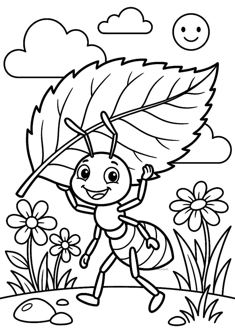 Kleurplaat van een lachende mier die een groot gekarteld blad boven zijn hoofd draagt tussen bloemen en gras