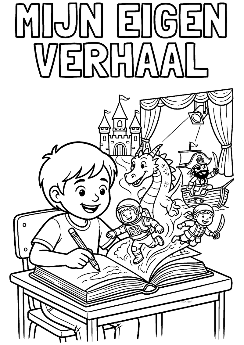 Kleurplaat van een jongen die schrijft in een boek waaruit een kasteel, draak, astronaut en piraten komen