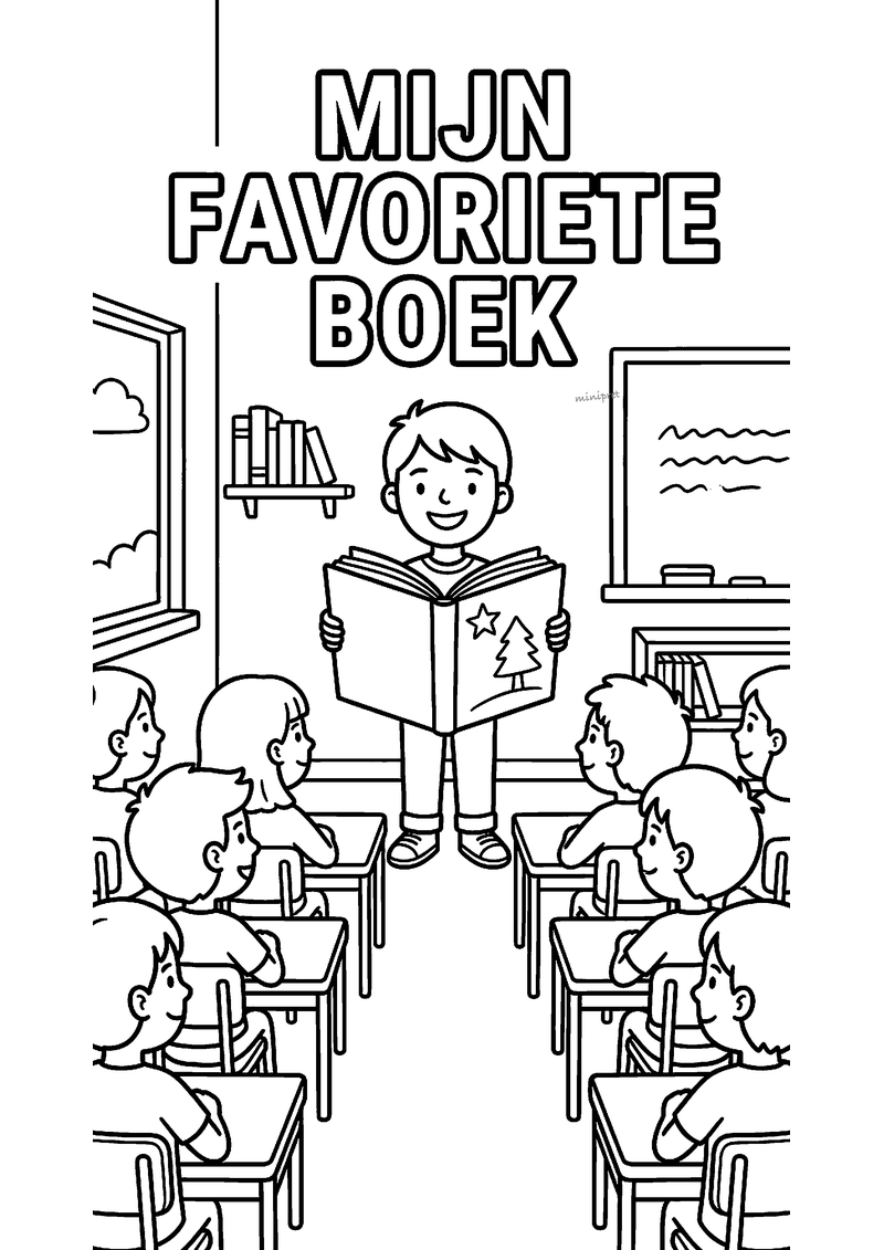 Kleurplaat van een jongen die voor de klas zijn favoriete boek met een ster en een boom op de kaft laat zien