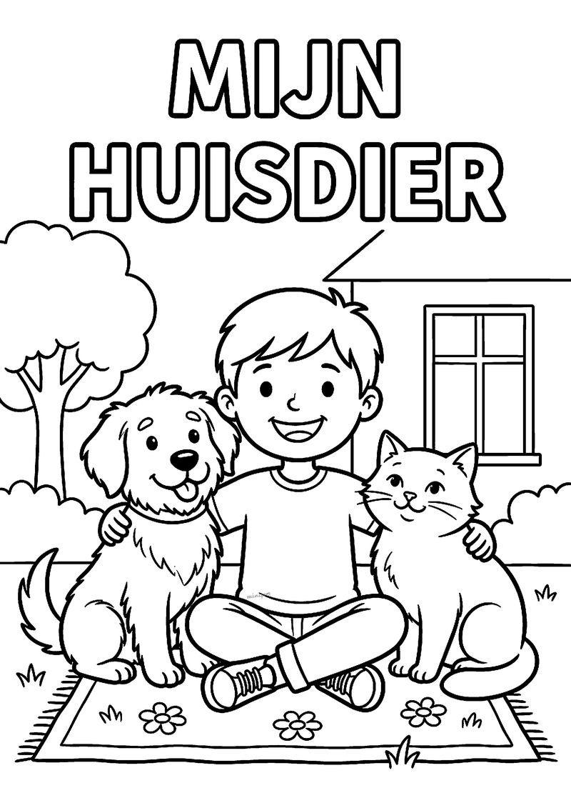 Kleurplaat met de tekst Mijn huisdier: een jongen zit op een kleed met een arm om een hond en een kat, voor een huis