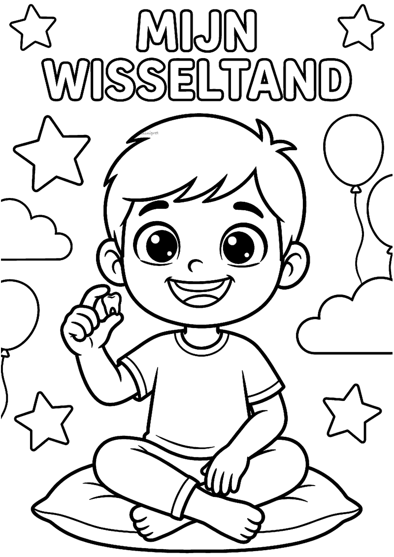 Kleurplaat van een lachende jongen die op een kussen zit en zijn wisseltand vasthoudt, met sterren, ballonnen en wolken