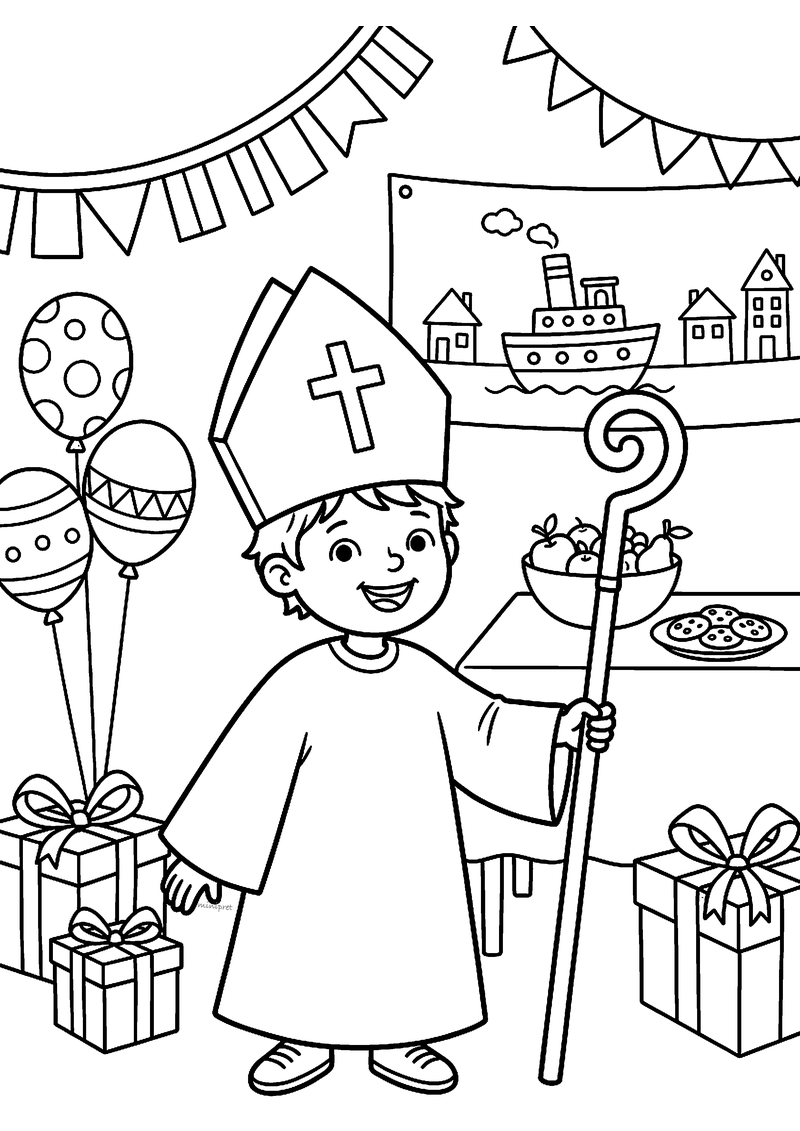 Kleurplaat van een kind met mijter en staf op een feestje met ballonnen, slingers, cadeaus en een tekening van een boot