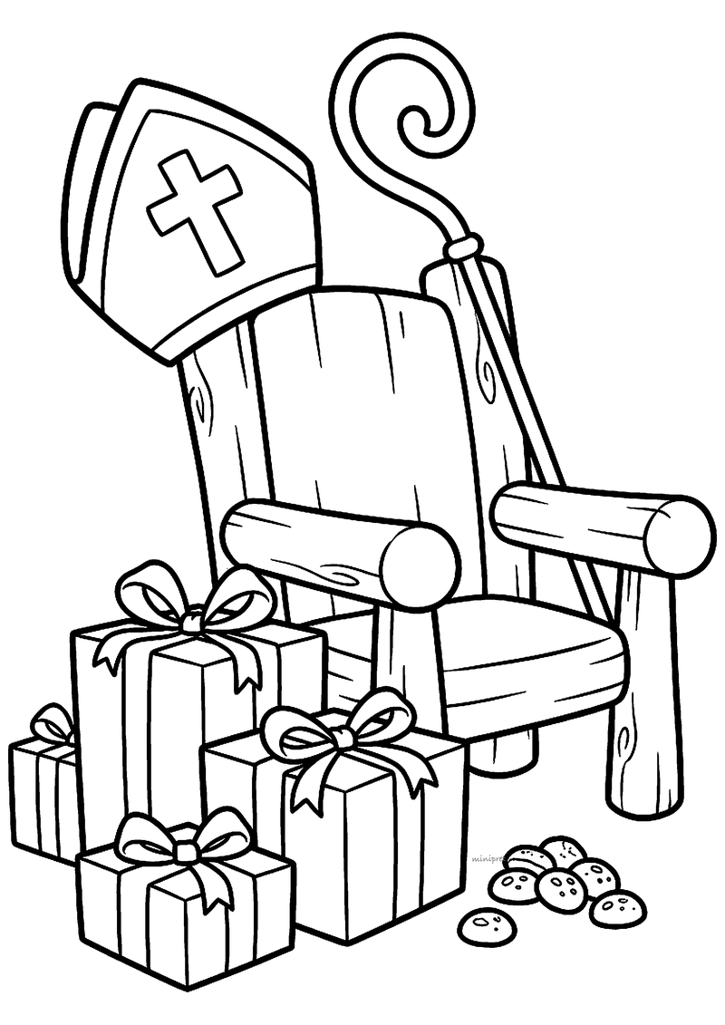 Kleurplaat van een houten stoel met een mijter en een staf ertegenaan, naast een stapel cadeaus en pepernoten