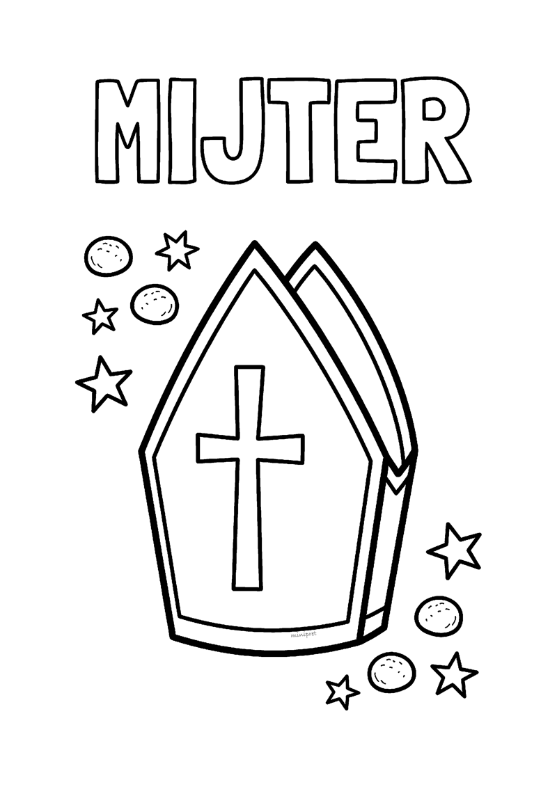Kleurplaat van een sinterklaasmijter met klein kruis, sterren en kruidnoten eromheen, met tekst MIJTER