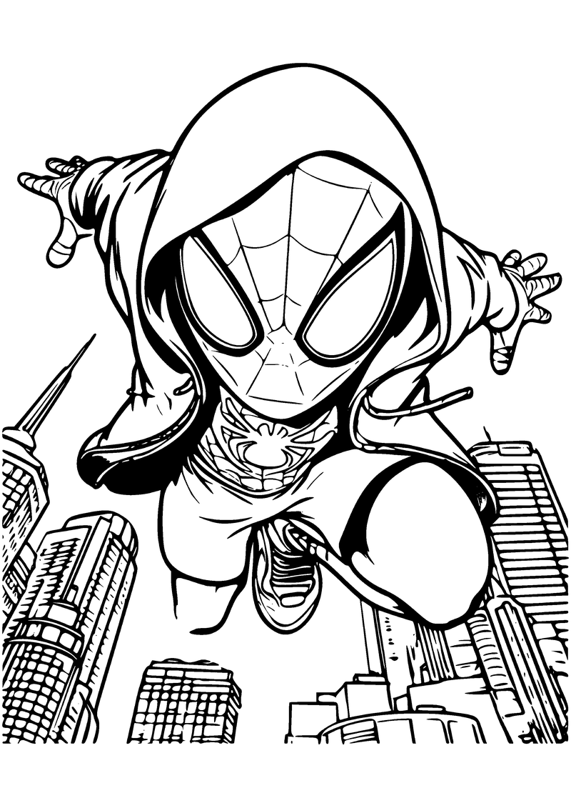 Kleurplaat van Miles Morales met capuchon op die met gespreide armen tussen de wolkenkrabbers naar beneden springt