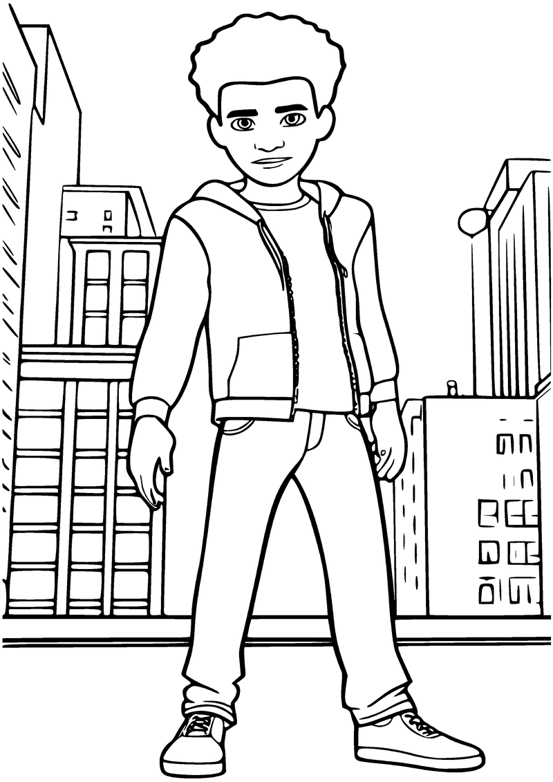 Kleurplaat van Miles Morales zonder masker, met krullend haar, open hoodie, spijkerbroek en sneakers in de stad