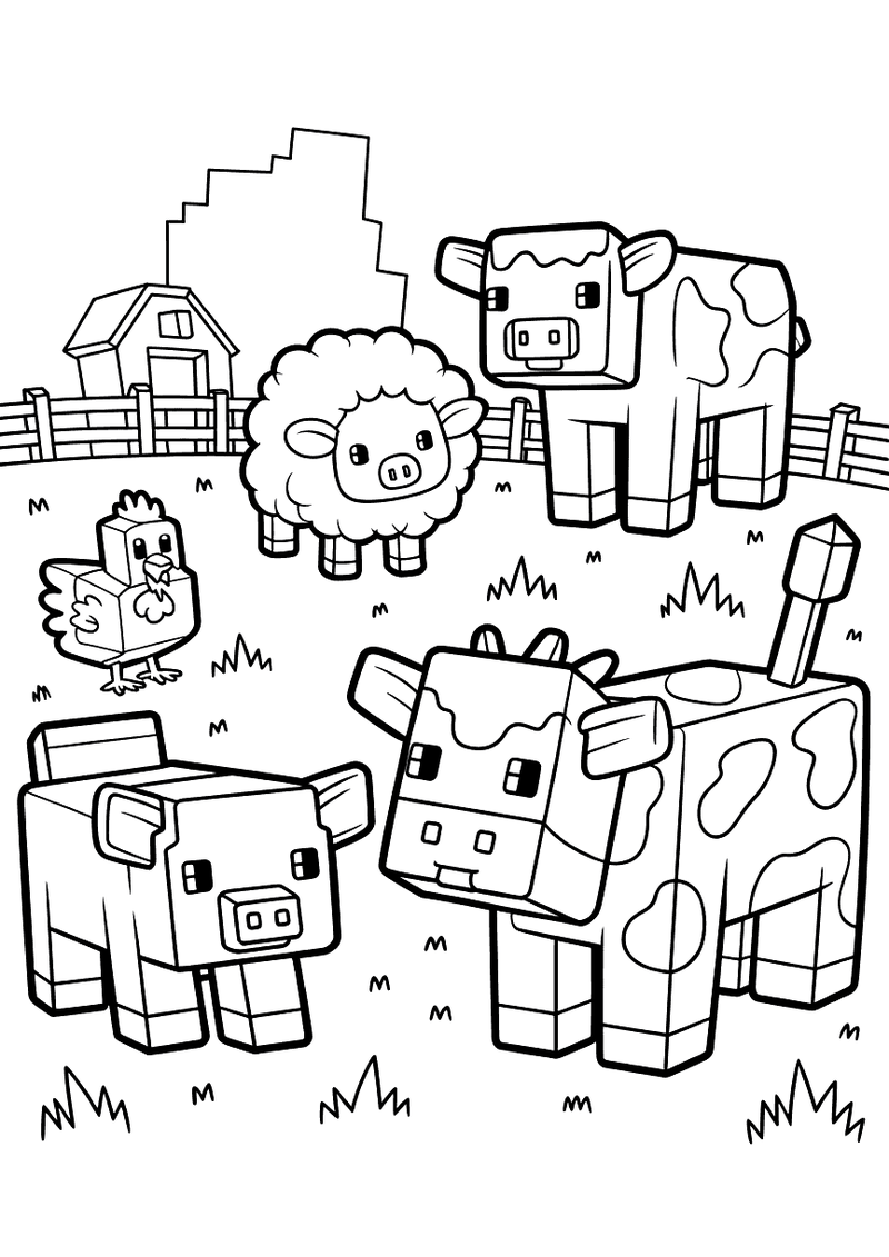 Minecraft baby dieren op boerderij kleurplaat — gratis kleurplaat
