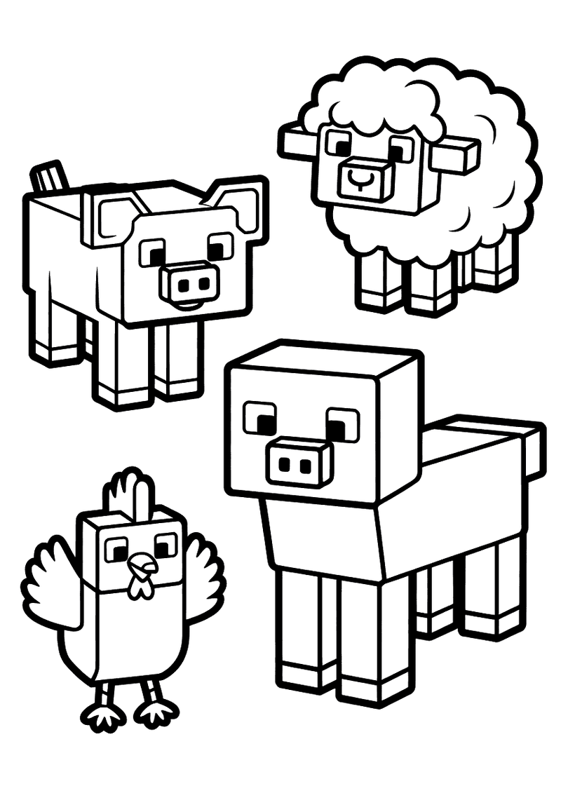 Minecraft eenvoudige dieren kleurplaat — gratis kleurplaat printen