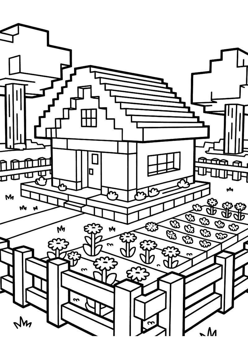 Minecraft huis met tuin kleurplaat — gratis kleurplaat printen