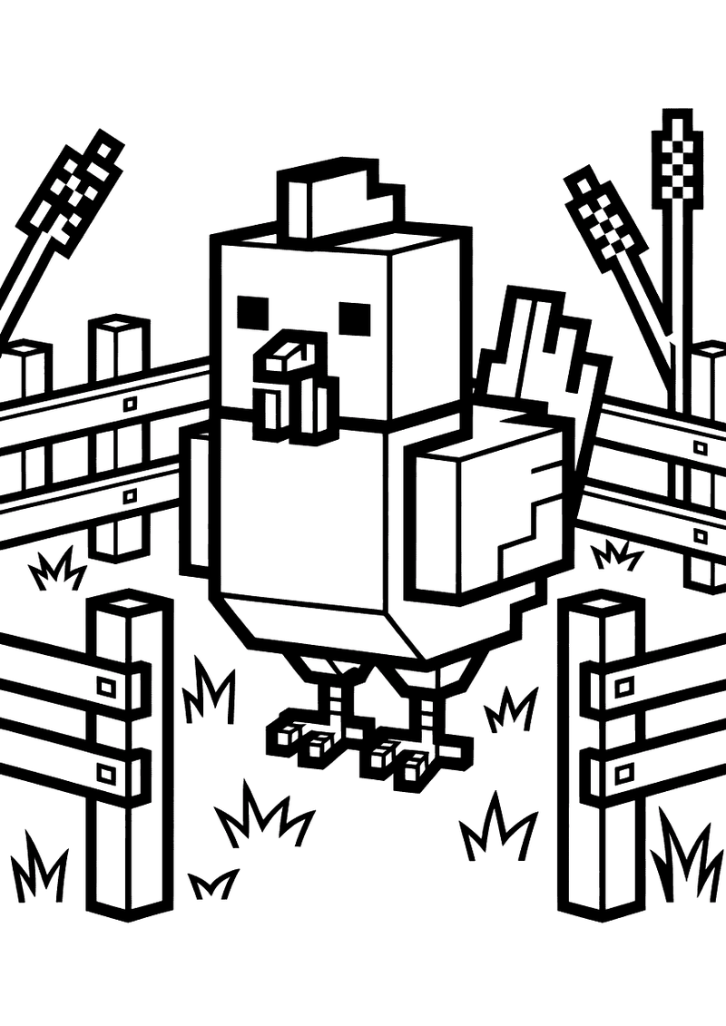 Minecraft kip in omheining kleurplaat — gratis kleurplaat printen