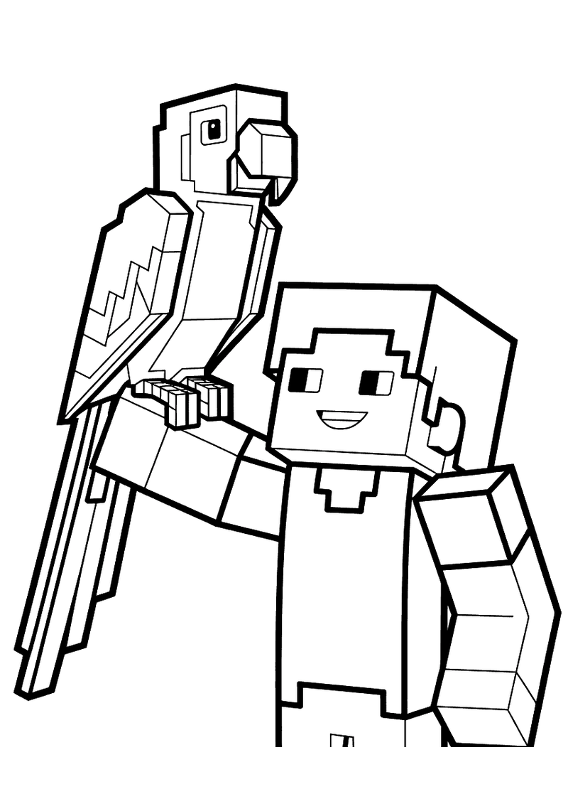 Minecraft papegaai op schouder van Alex kleurplaat — gratis kleurplaat printen