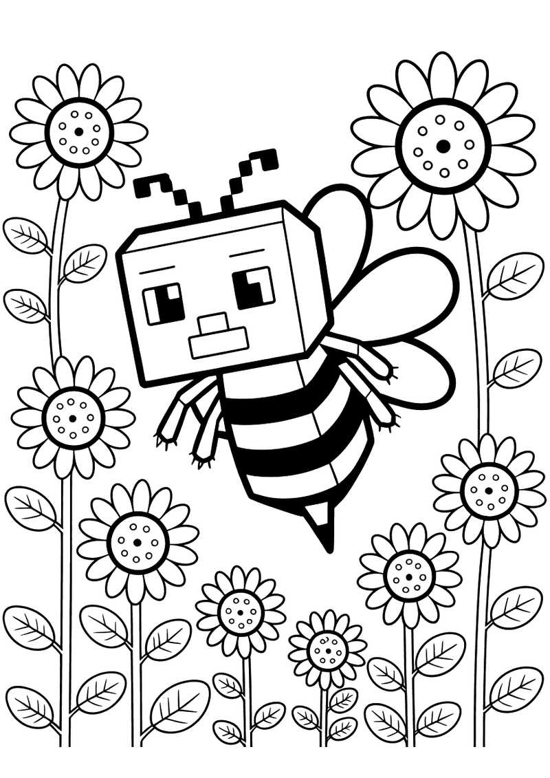 Minecraft bij in het zonnebloemen veld kleurplaat — gratis kleurplaat printen