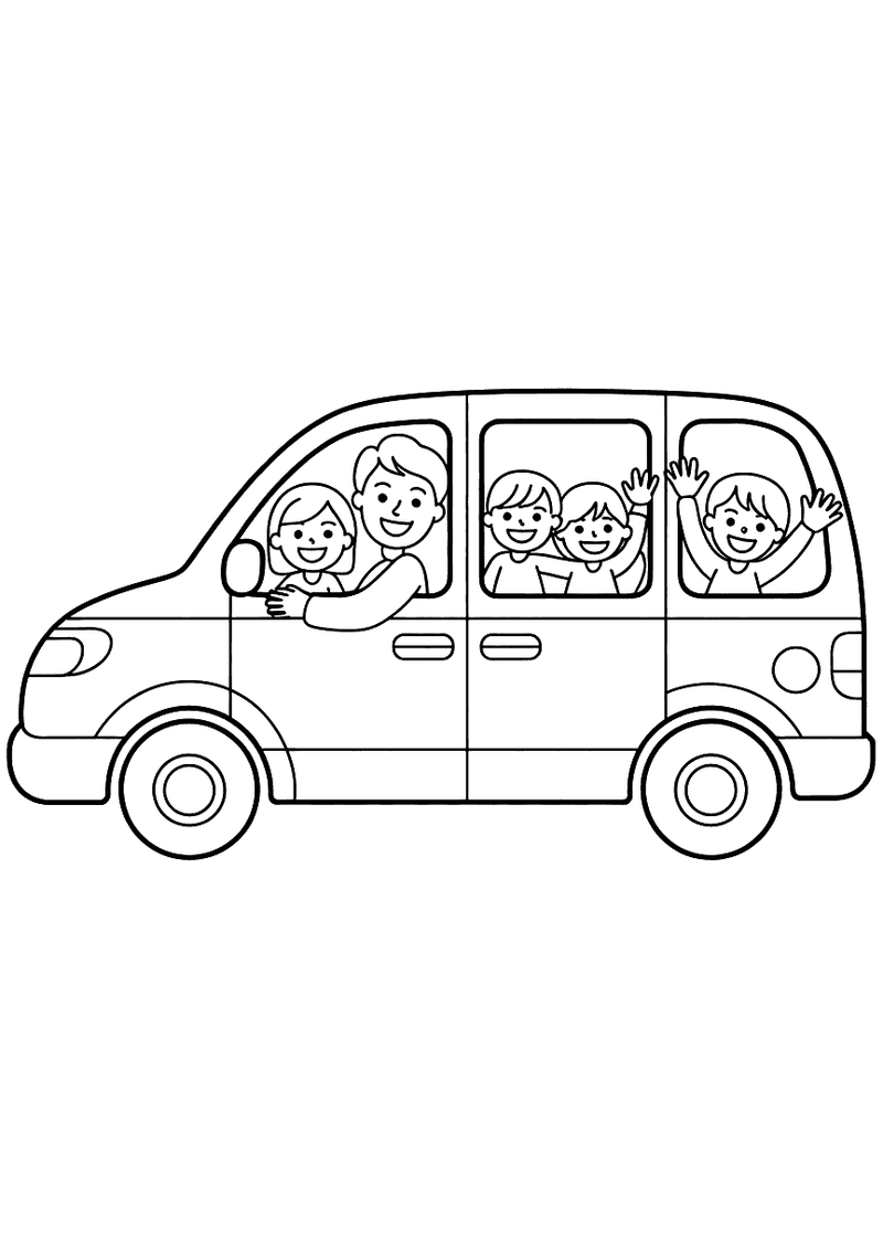 Kleurplaat van een minivan met een lachende vader, moeder en drie zwaaiende kinderen die door de ramen kijken