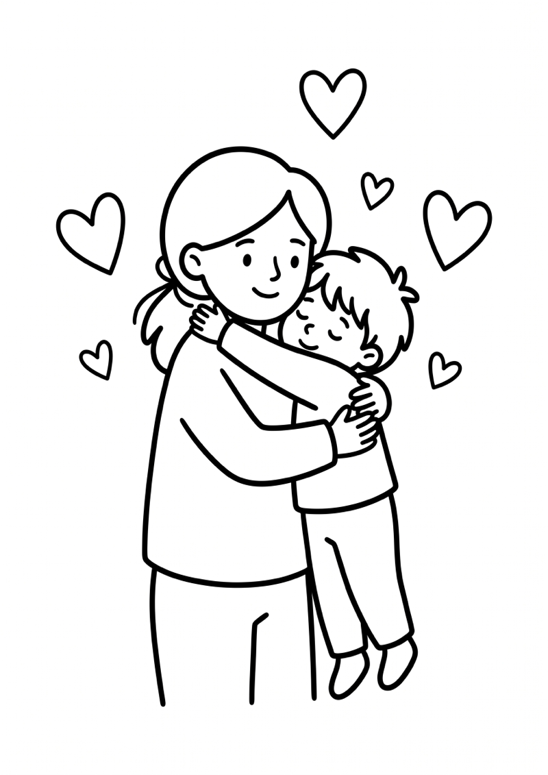 Moeder en kind geven knuffel kleurplaat