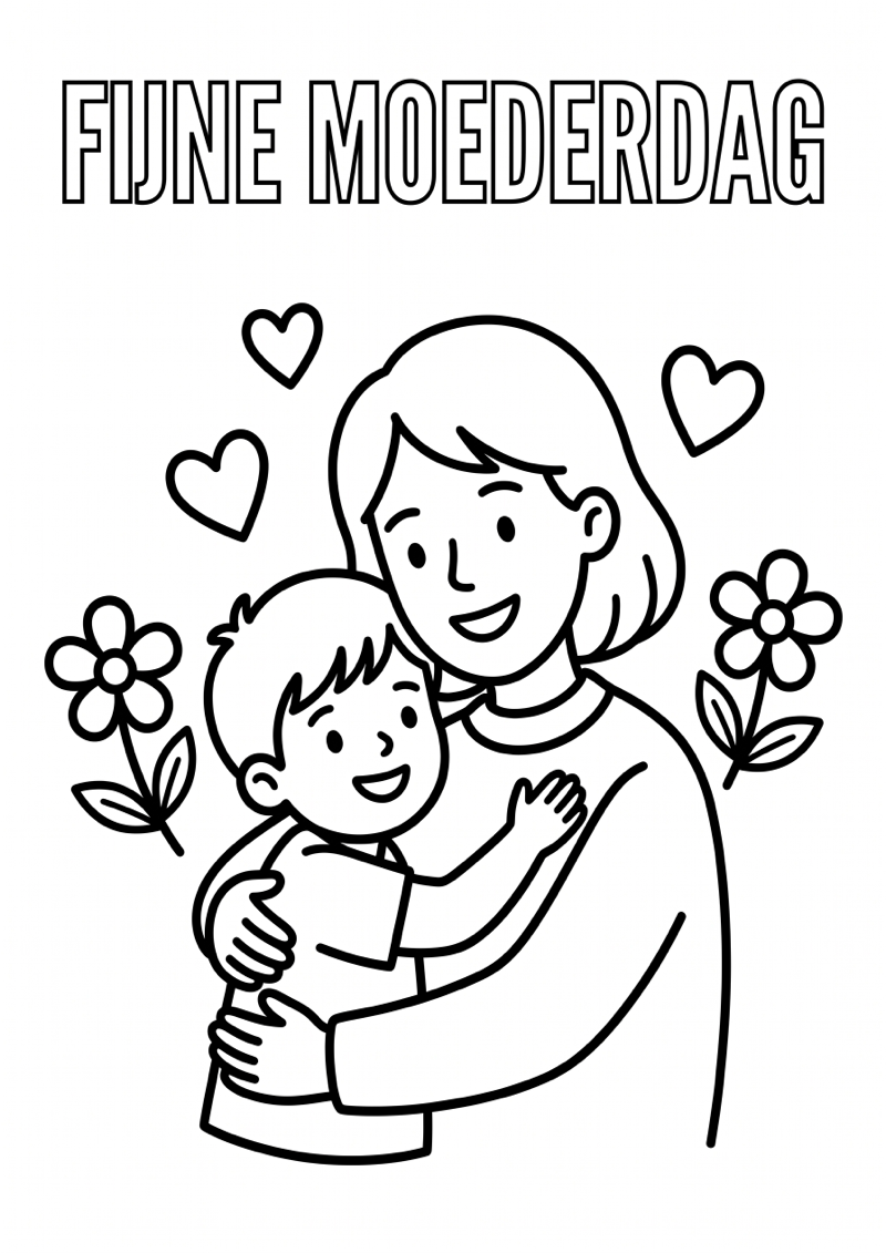 Moeder en kind geven knuffel met tekst fijne moederdag kleurplaat