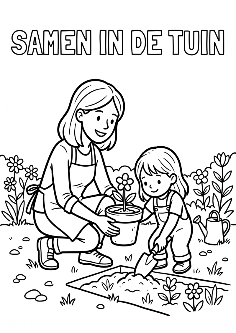 Moeder en kind planten bloemen kleurplaat — gratis kleurplaat