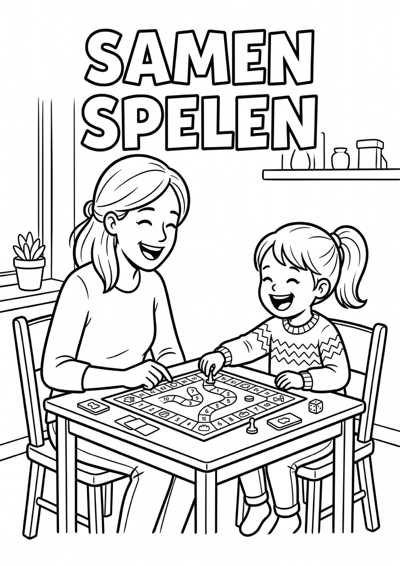 Moeder en kind spelen spelletje kleurplaat — gratis kleurplaat