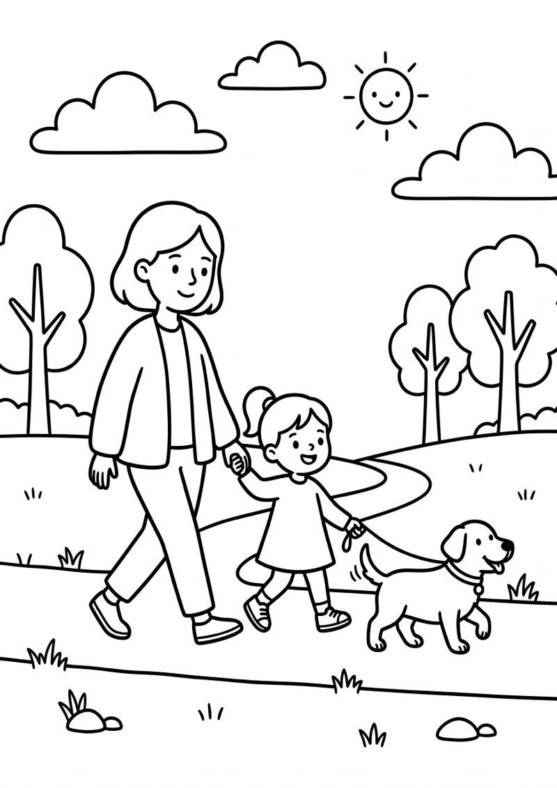 Moeder en kind wandelen met hond kleurplaat — gratis kleurplaat