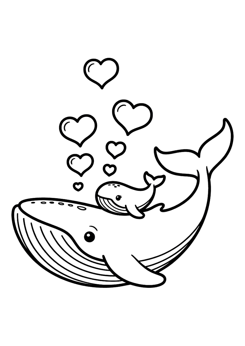 Kleurplaat van een grote moeder walvis met een klein kalfje op haar rug, omgeven door grote en kleine hartjes die omhoog