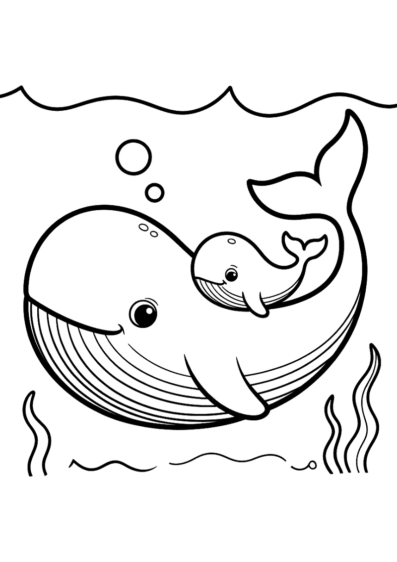 Kleurplaat van een grote moeder walvis die een klein babywalvisje tegen haar buik houdt terwijl zeewier en luchtbellen o