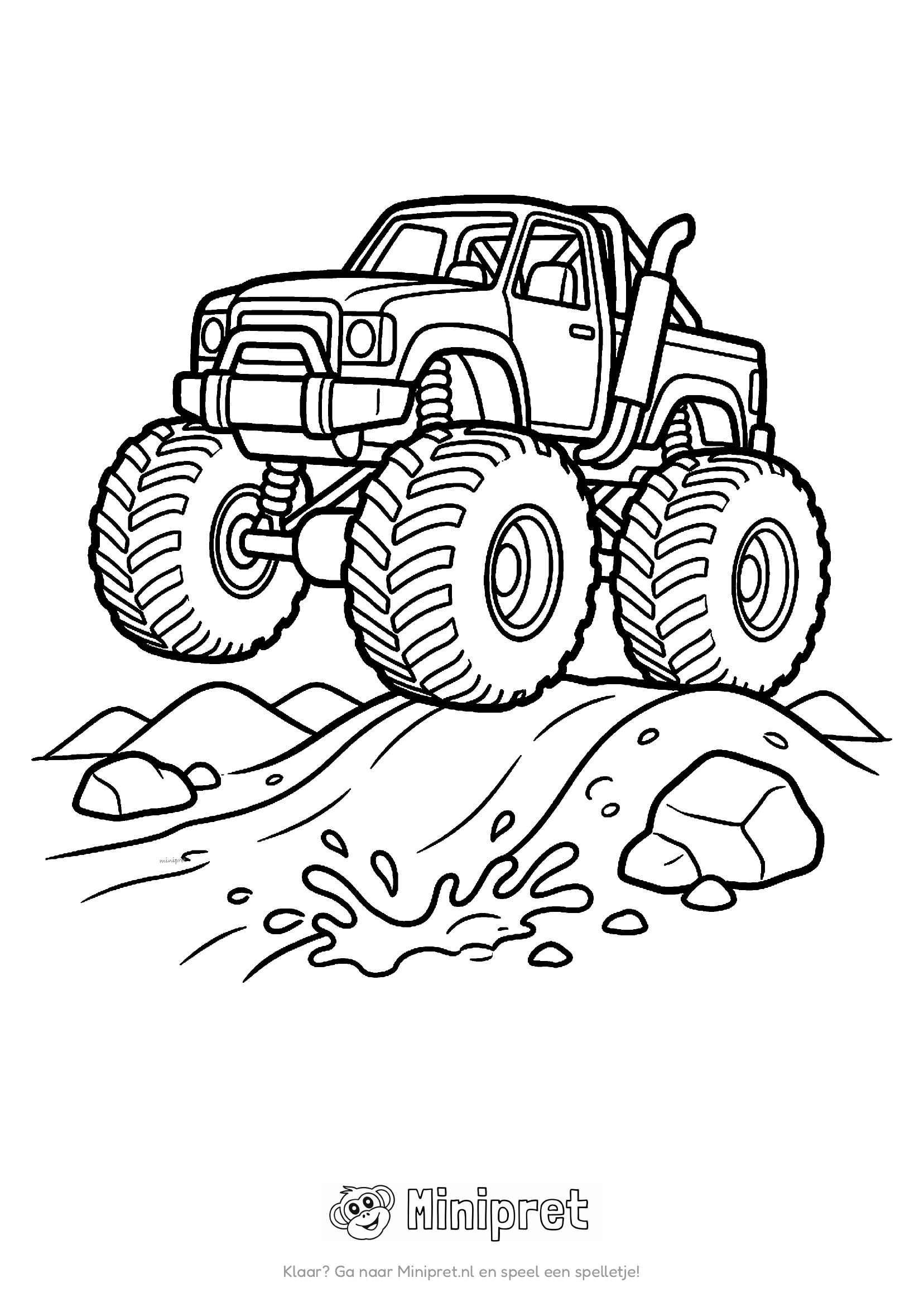 Stoere monster truck met enorme banden rijdt over een modderhoop en stenen, met spetters water onder de wielen
