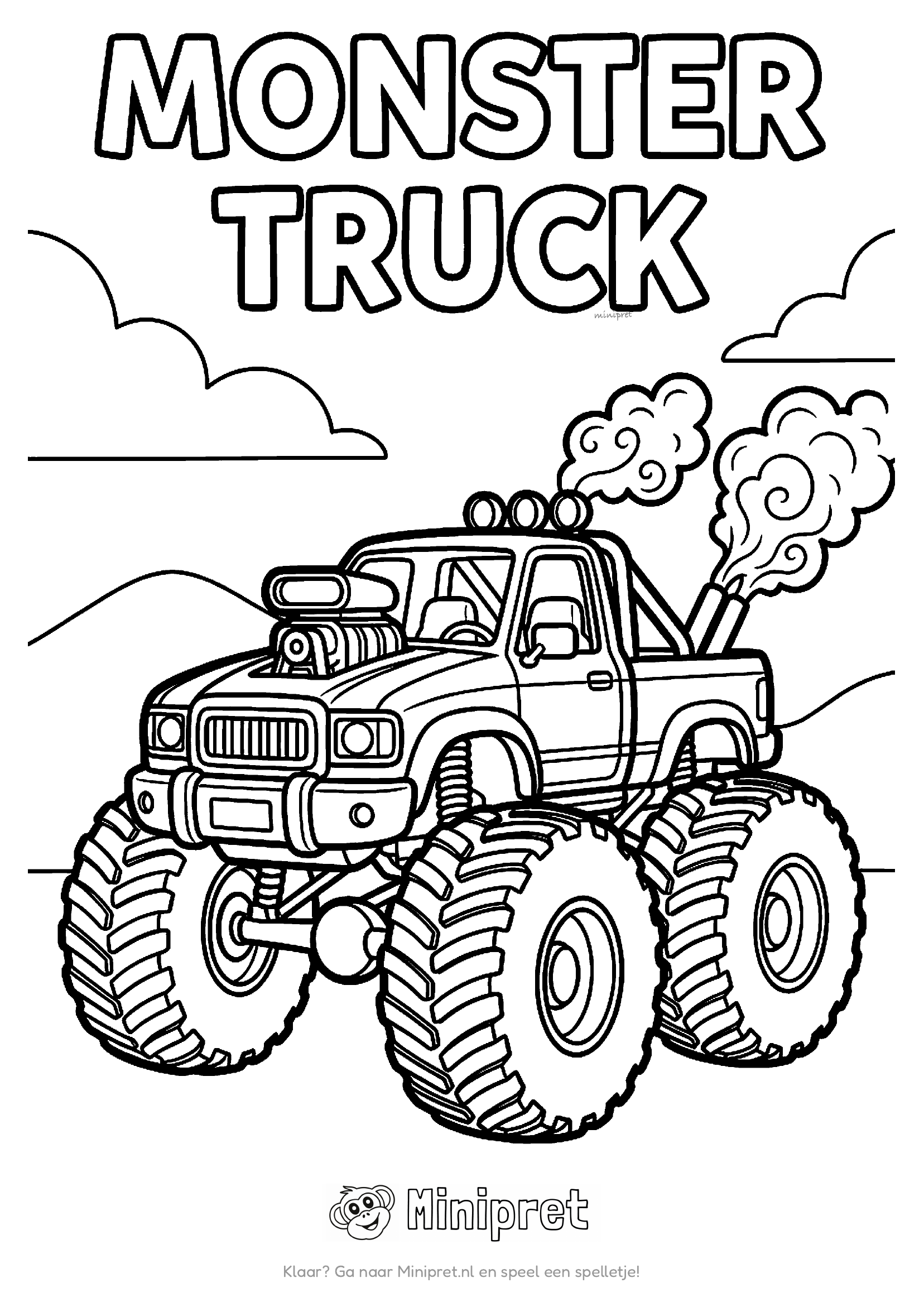 Monster truck met hoge banden en rook uit twee uitlaten, met de woorden MONSTER TRUCK in dikke letters erboven