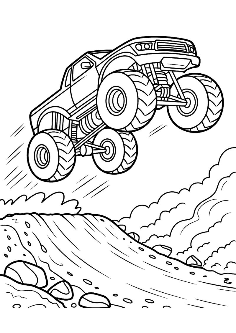 Kleurplaat van een monstertruck met enorme wielen die hoog in de lucht springt boven een rotsachtige ondergrond