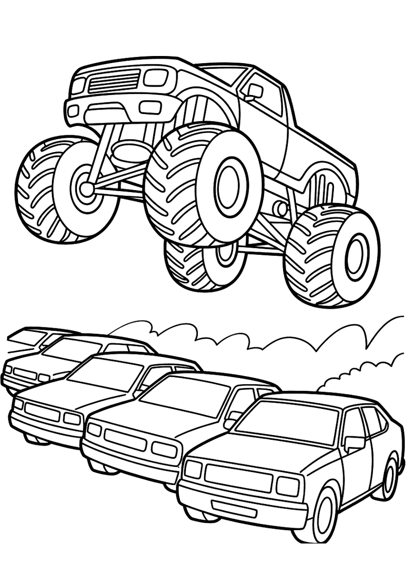Kleurplaat van een monstertruck die in de lucht zweeft boven drie platgedrukte personenauto's op een show-terrein