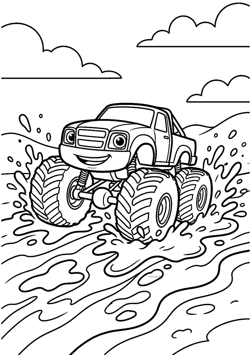 Kleurplaat van een lachende monstertruck met gezicht die door de modder rijdt met spatten en golven om de enorme banden