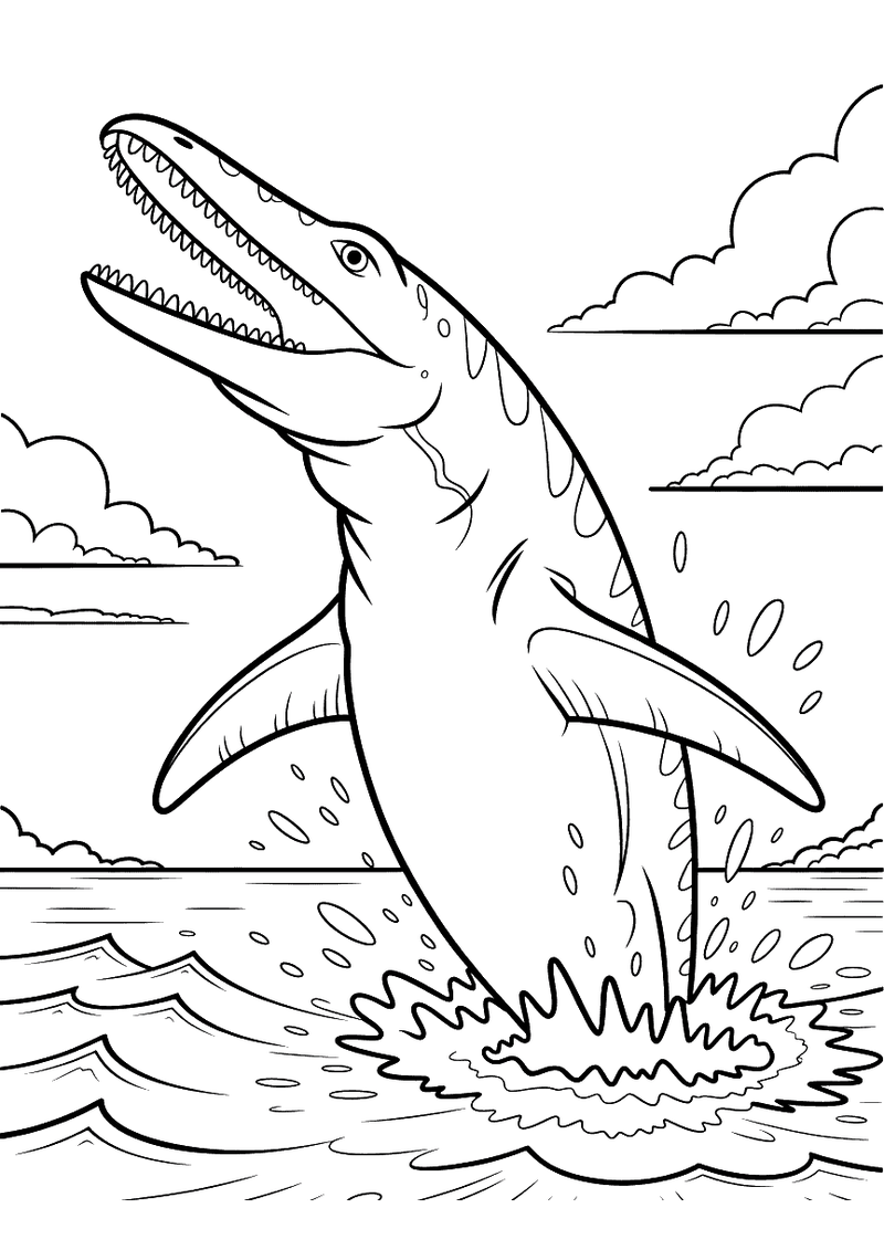Kleurplaat van een Mosasaurus die met open bek omhoog springt uit de zee met golven en waterdruppels rondom en wolken aa